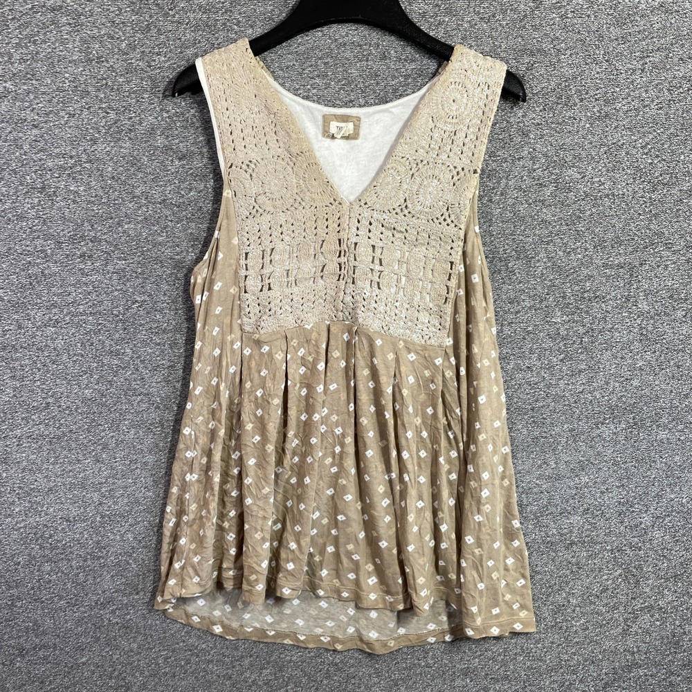 Anthropologie Tiny Tank Top Size S Boho Crochet Lace Metallic Tan Diamond Print